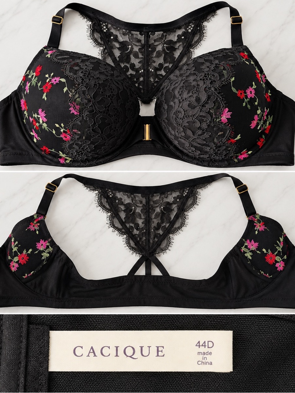 Black Floral Lace Push-Up Bra front close with Back Lace Detail